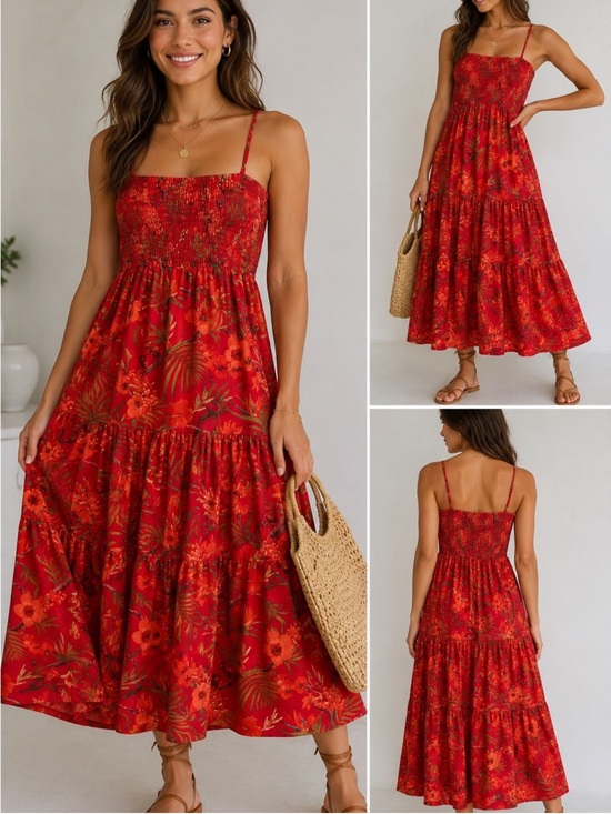 Christian Lacroix Dresses & Skirts - Red Floral Smocked Tiered Midi Dress - Women's